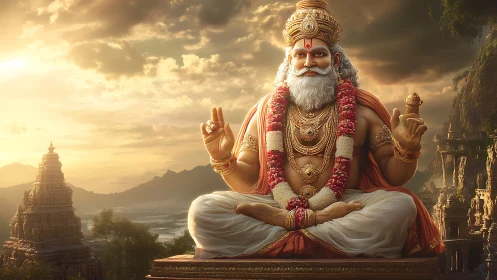 Seated robed deity statue with temples in landscape at dusk.