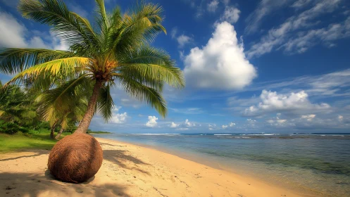 Tropical Beach with Coconut Palm and Sandy Shore