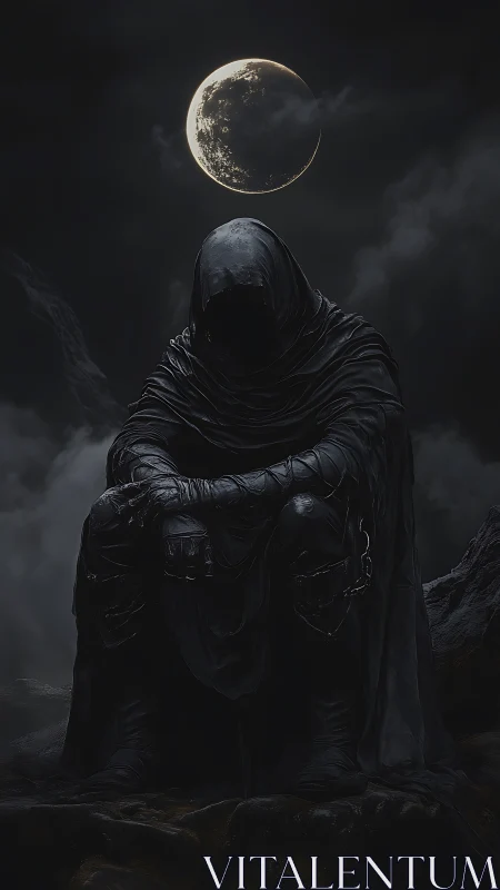 Hooded cloaked figure sits under bright moon in darkness