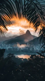 Urban skyline, mountain peak and lake framed by palm fronds