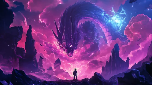 Lone warrior confronts cosmic dragon above neon storm canyon