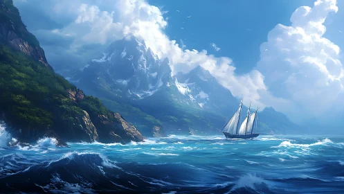 Tall ship under towering coastal mountains at sea.