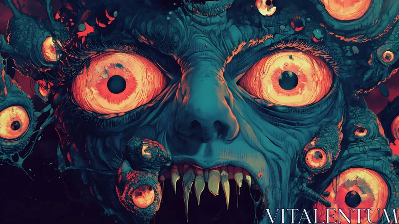 Grotesque multi eyed monster face with glowing stare.