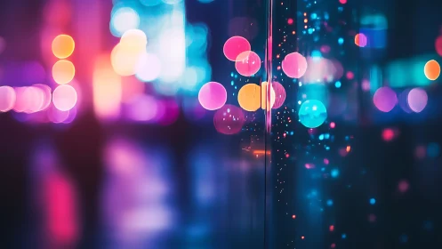 Defocused urban light bokeh reflects on vertical glass surface
