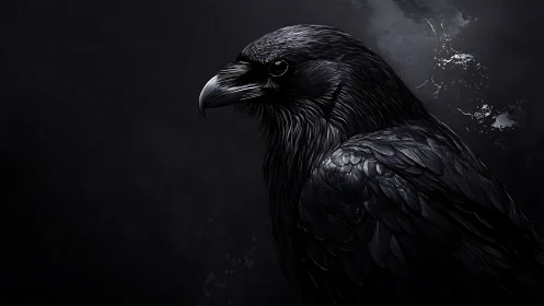 Nocturnal raven portrait with high-contrast glossy plumage.