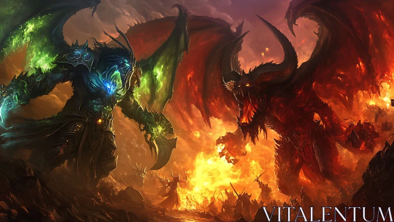Colossal infernal titans waging war in blazing hellscape.