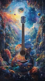 Surreal cosmic landscape merged with detailed acoustic guitar form