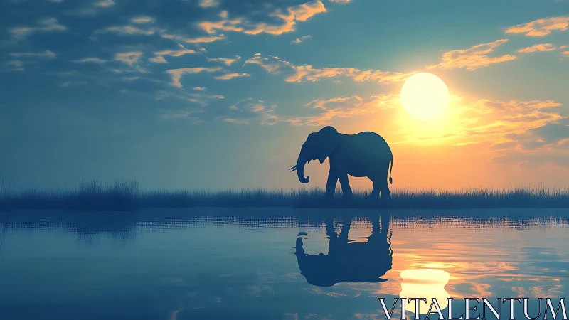 Elephant silhouette at sunset over reflective wetland water.