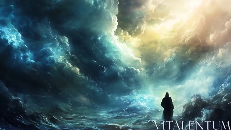 Digital painting of lone figure amid celestial stormscape.