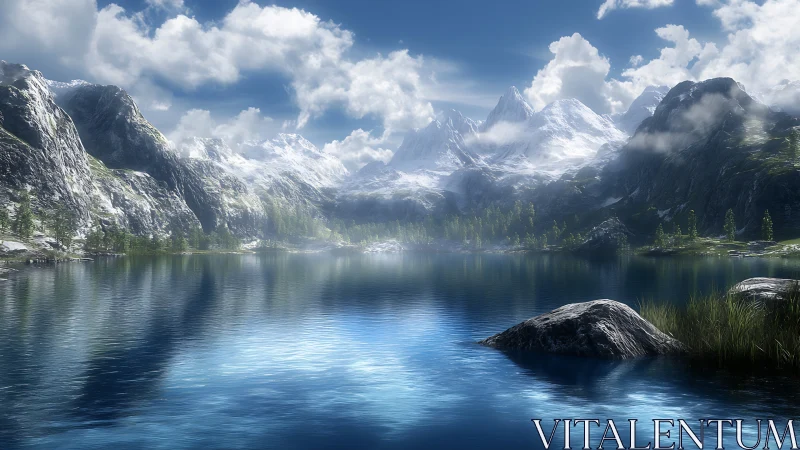 Alpine glacial lake with snow capped peaks and volumetric clouds