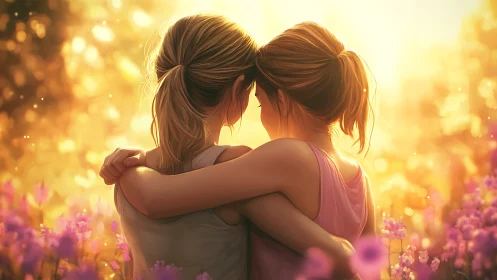 Two Girls Embracing in Sunlit Field, Dreamy Artistic Style.