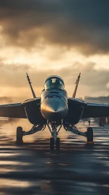 Fighter jet stands poised on wet runway at dramatic sunrise
