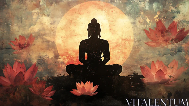 Silhouetted meditator with lotus flowers at sunset.