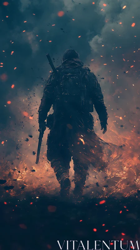 Solitary armed operative traversing incendiary battlefield environment.