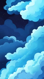 Dreamy night sky clouds glowing with soft blue calm.
