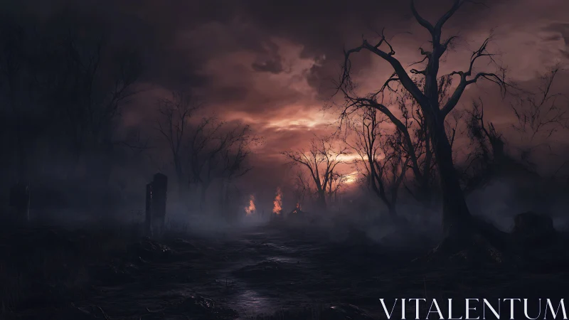 Burning horizon illuminates desolate, fog-laden grave forest