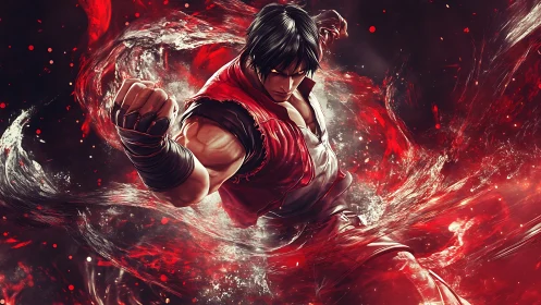 Martial artist channels crimson energy in dynamic vortex.