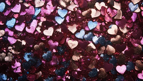 Glittering heart confetti shimmers in rich pink and gold hues