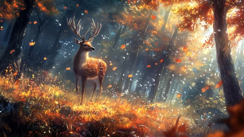 Gentle autumn deer resting in golden forest daydream light.