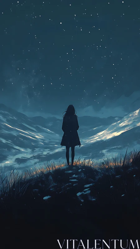 Solitary figure studies cold starlit mountain horizon