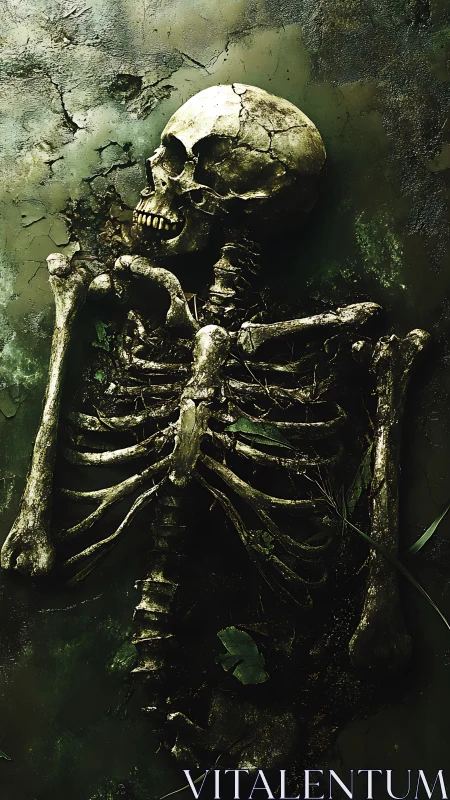 Weathered human skeleton lying in dark mossy ground.