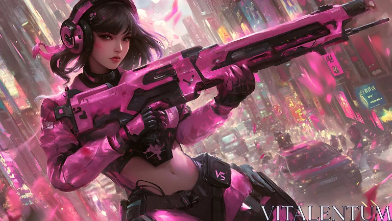 Neon-pink street guardian in a dazzling cyber city storm.