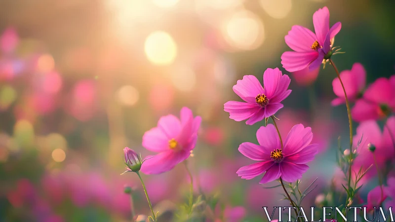 Gentle pink cosmos dancing in dreamy golden light.