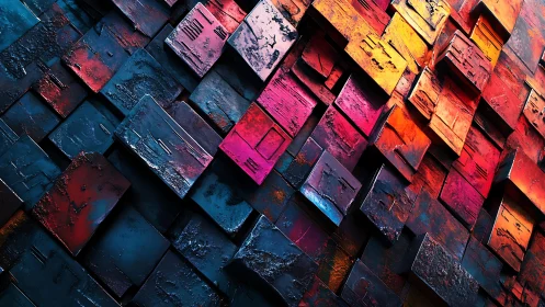 Abstract geometric wall of textured cubes in vivid warm and cool tones.