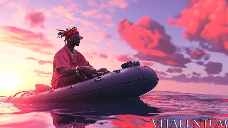 Man in inflatable boat on calm sea at vivid sunset.