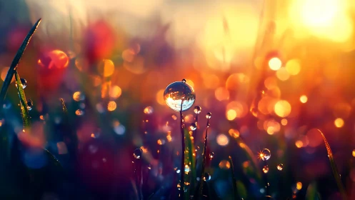 Macro sunrise dew refraction with vibrant bokeh field focus.