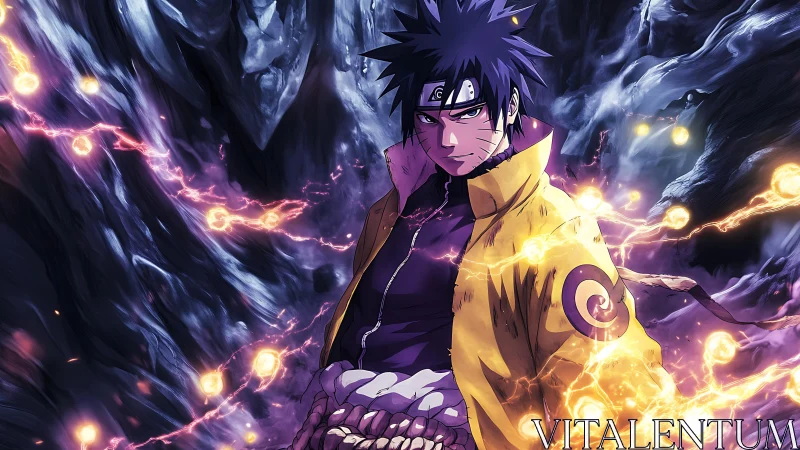 Storm-lit ninja in blazing chakra cloak of crackling fury.