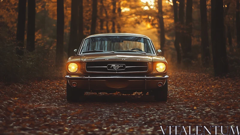 Golden classic Mustang glowing warmly in an autumn forest road.