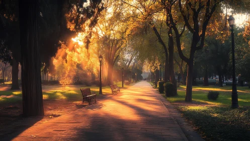 Sunlit park path glows under tall autumn trees at sunrise