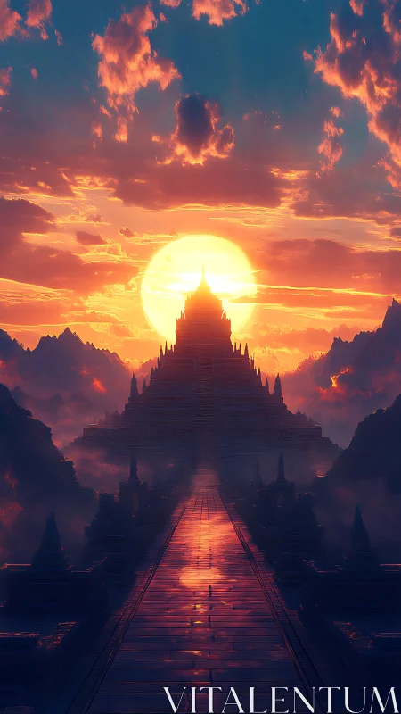 Sunlit temple rises above misty mountains at dusk.
