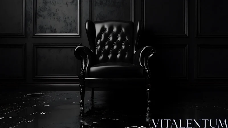 Velvety black armchair resting in a moody dark parlor.