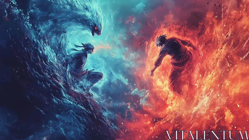 Elemental warriors collide in high-energy fire and water vortex