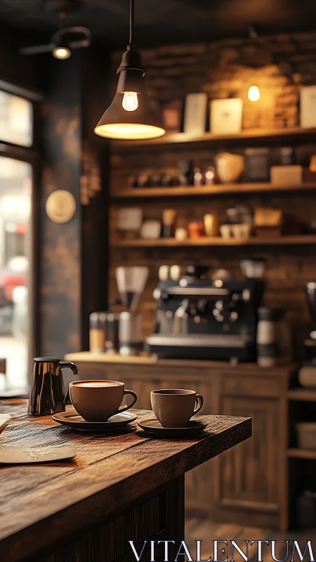 Coffee cups rest on wooden counter in warm interior