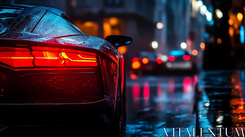 Rear supercar taillights emit specular red glow on wet neon street