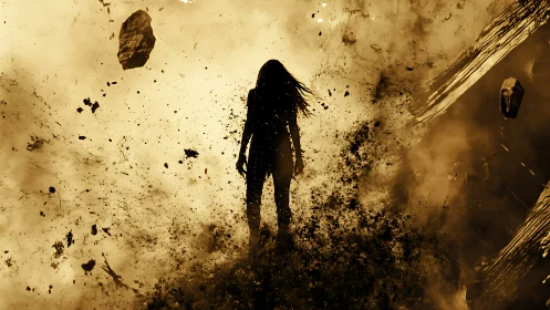 Shadow figure stands in swirling golden dust storm.