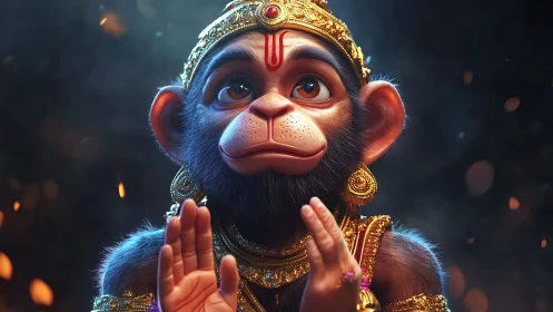 High-detail 3D render of childlike monkey deity with ornate jewelry