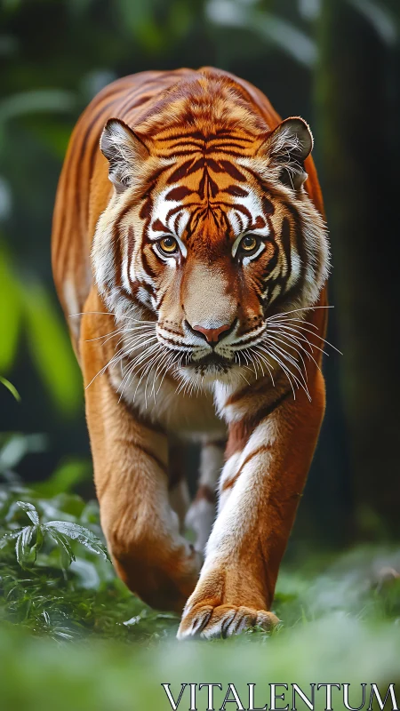 Bengal tiger stalking forward through lush jungle foliage.