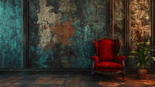 Red velvet armchair contrasts distressed teal wall surface