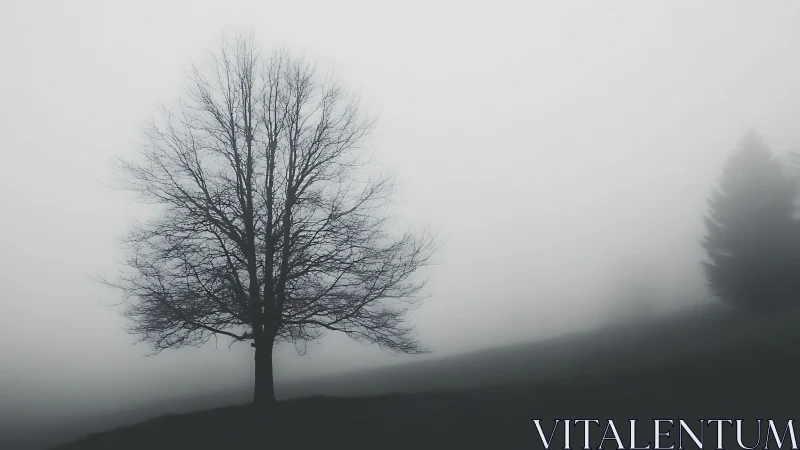 Leafless deciduous tree on fog-covered hillside landscape.