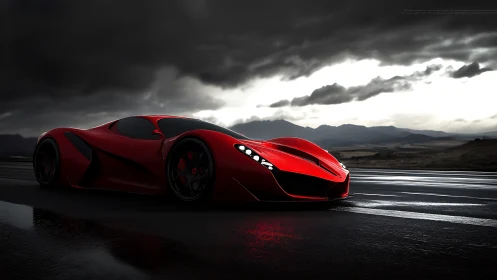 Storm-lit scarlet supercar slices through the wet horizon