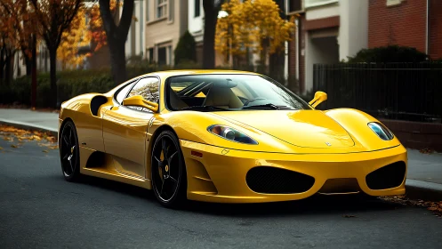 Yellow mid‑engine sports car parked on quiet tree‑lined street