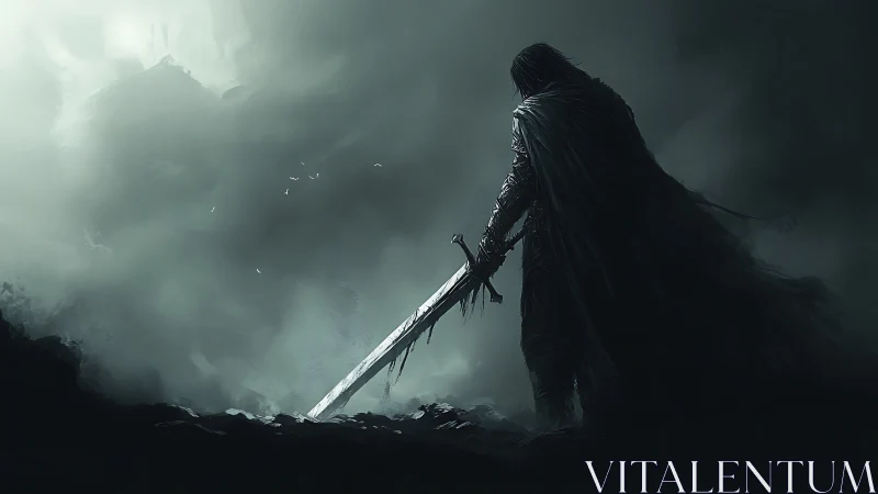 Lone cloaked swordsman in stormy monochrome battlefield mist.