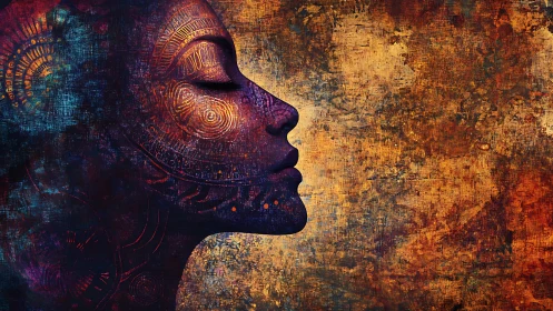 Digital painting profile with cybernetic mandala facial etching.