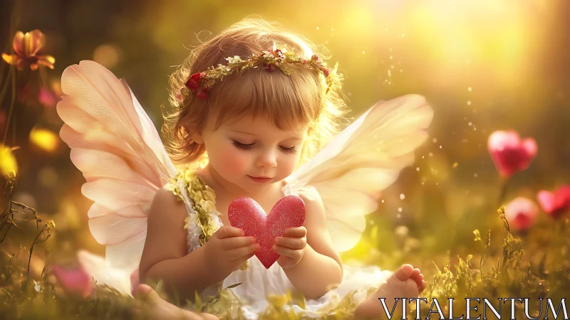 Sunlit fairy toddler cradles a glowing pink heart of wonder.