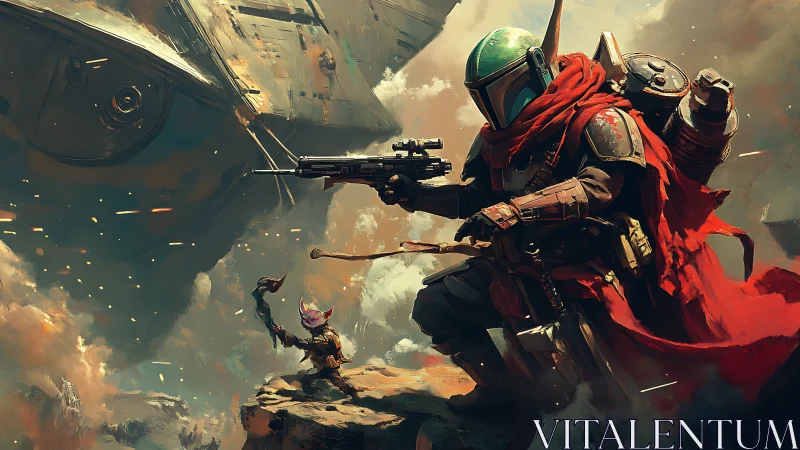 Armored space hunter aims rifle amid storm of starship debris.