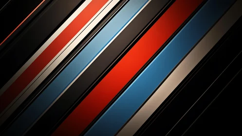 Bold diagonal stripes in red, blue, and black abstract style.